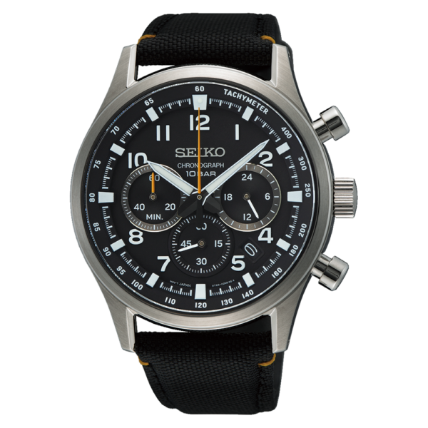 Seiko SSB449P1 chronograph with black dial and nylon strap