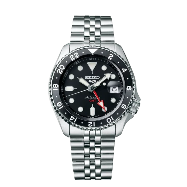 Seiko 5 Sports SSK001K1 GMT watch with black grape dial and stainless steel strap