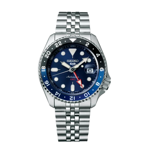 Seiko 5 Sports SSK003K1 Blueberry GMT watch with blue bezel and stainless-steel strap