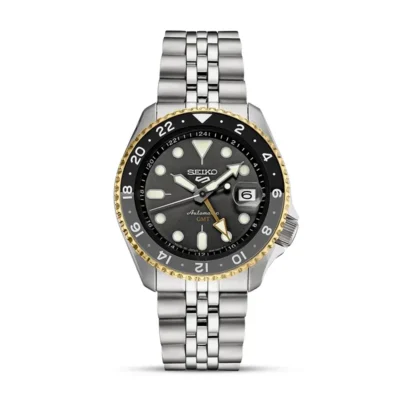 Seiko 5 Sports SSK021J1 GMT watch with grey dial and red GMT hand