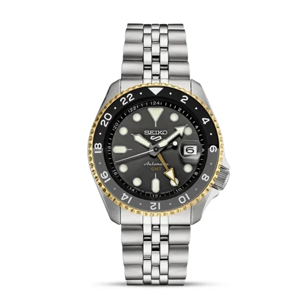 Seiko 5 Sports SSK021J1 GMT watch with grey dial and red GMT hand