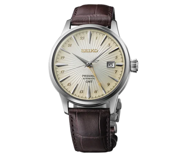 Seiko Presage Acacia Cocktail Time GMT SSK041J1 champagne dial watch with brown leather strap