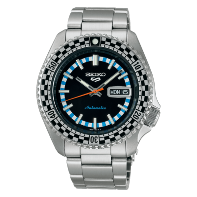Seiko 5 Sports SRPK67K1 – Black & white checker flag dial automatic watch with tachymeter bezel.