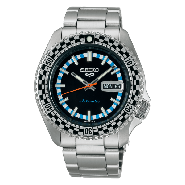 Seiko 5 Sports SRPK67K1 – Black & white checker flag dial automatic watch with tachymeter bezel.