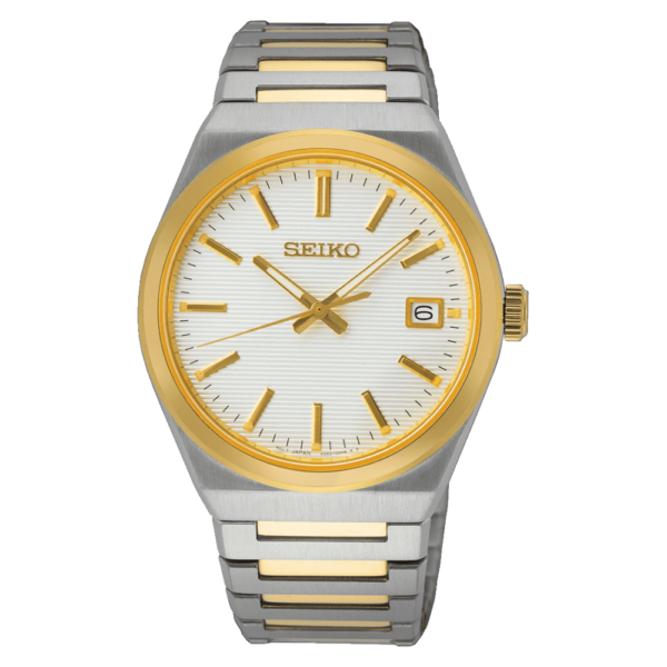 Seiko SUR558P1 men's two-tone stainless steel watch with white dial