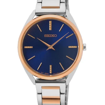 Seiko women's blue dial watch with rose gold bezel and two-tone steel strap