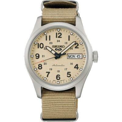 Seiko 5 Sports SRPJ83K1 – Beige dial automatic watch with a durable fabric strap, inspired by desert tactical gear.