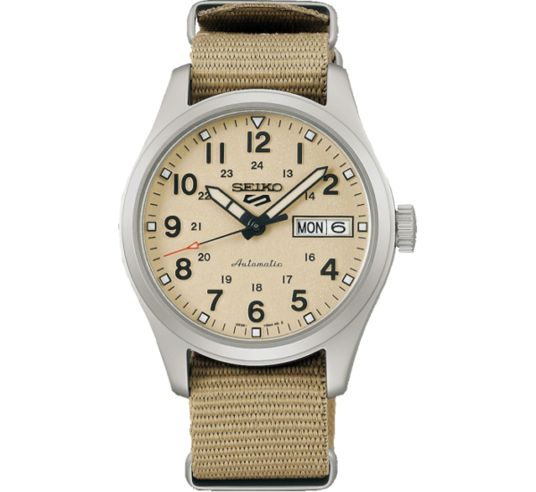 Seiko 5 Sports SRPJ83K1 – Beige dial automatic watch with a durable fabric strap, inspired by desert tactical gear.