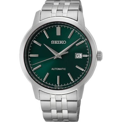seiko srph87k1 a silver watch with a green dial