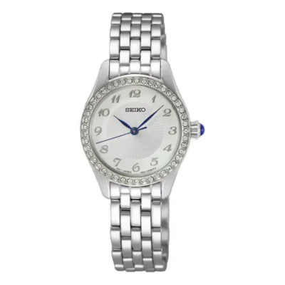 Seiko SUR385P1 ladies diamond watch with silver stainless steel strap and white dial