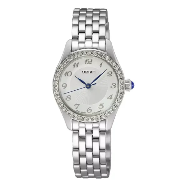Seiko SUR385P1 ladies diamond watch with silver stainless steel strap and white dial