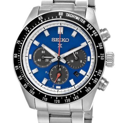 Seiko SSC931 Prospex Speedtimer watch with blue dial and steel strap