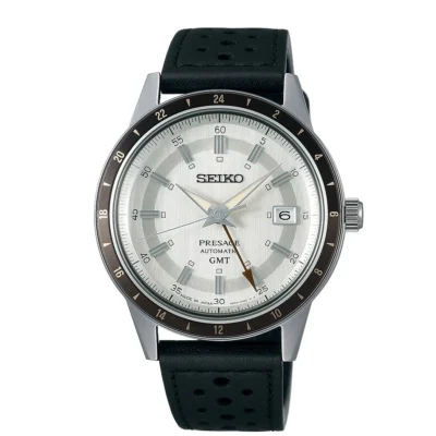 Seiko Presage SSK011J1 GMT watch with grey dial and leather strap