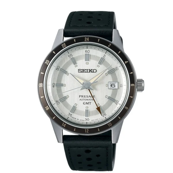Seiko Presage SSK011J1 GMT watch with grey dial and leather strap