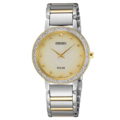 Seiko Classic SUP448P1 gold dial watch with silver strap solar-powered design