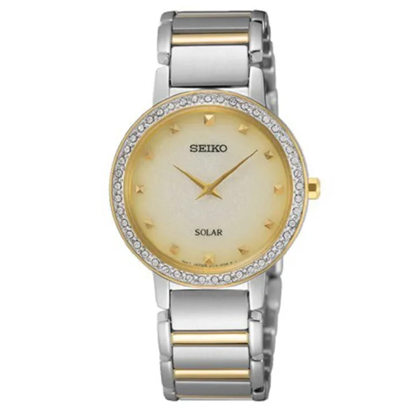 Seiko Classic SUP448P1 gold dial watch with silver strap solar-powered design
