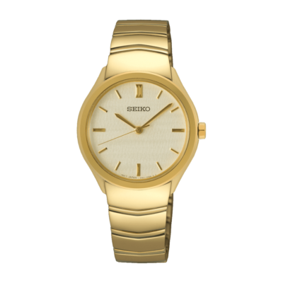 Seiko SUR552P1 women's gold-tone watch with light gold dial and stainless steel bracelet