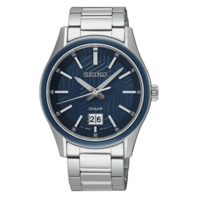 Seiko SUR559P1 men's watch with blue dial and stainless steel bracelet