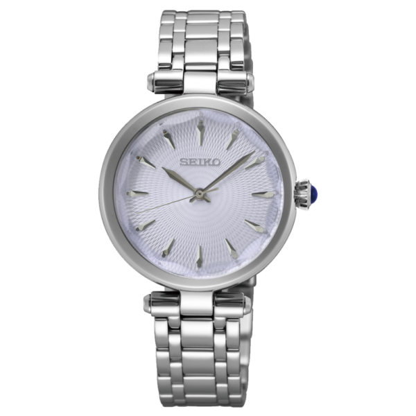 Seiko SRZ553P1 – Women’s luxury watch with diamond markers, mother-of-pearl dial, and stainless steel bracelet.