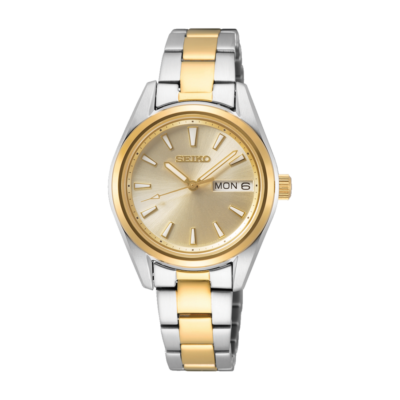 Seiko SUR354P1 women’s watch with gold dial and silver stainless steel strap